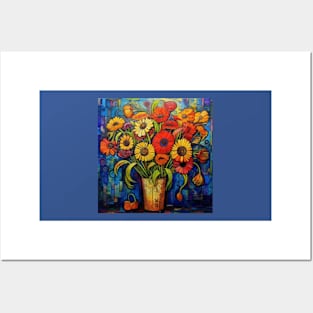 Vibrant Flowers in a Golden Vase Posters and Art